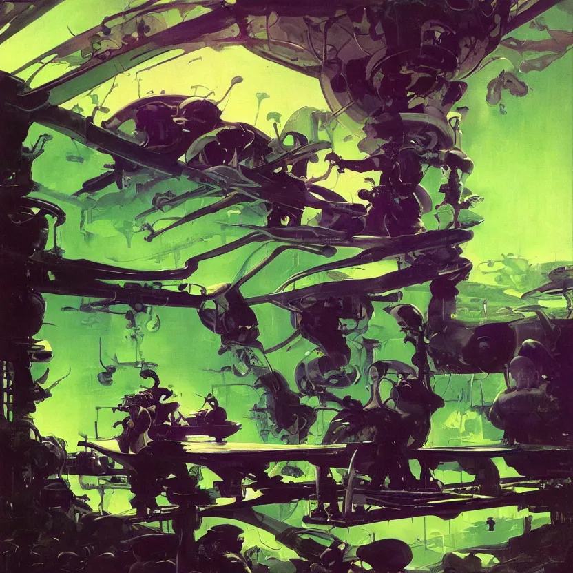 Image similar to a futuristic organic lounge with deep green and purple hues. billowing clouds. highly detailed science fiction painting by norman rockwell, frank frazetta, and syd mead. rich colors, high contrast, gloomy atmosphere, dark background. trending on artstation.