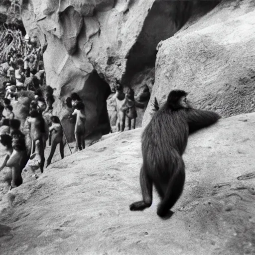 Image similar to monkey walks out of cave holding a stone club, crowds of blond female human women watch on in awe