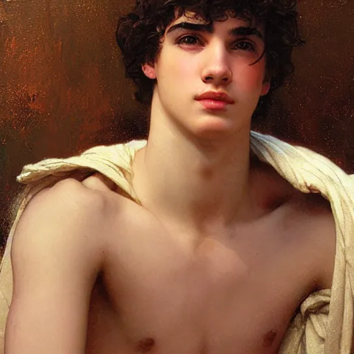 Image similar to portrait of 19 year old Antinous in ancient Greece, (SFW) safe for work, photo realistic illustration by greg rutkowski, thomas kindkade, alphonse mucha, loish, norman rockwell