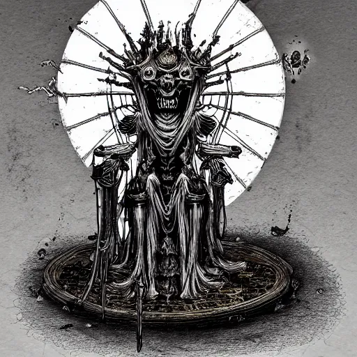 Prompt: illustration. the corpse emperor on his golden throne. 4 0 k. body horror. in the style of giger.