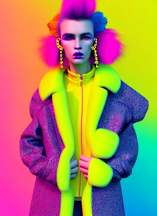 Prompt: coat for a rave, hairstyle, earrings, bright soft colors, soft yellow background, many details, prints, photo for a magazine, photo for a store, fashion photography, Vogue, 135 mm, cinematic, hyper realism, high detail, octane render, 8k, chrome accents, very coherent symmetrical artwork, perfect face model, Soft light, Reduced contrast