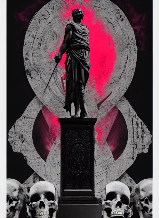 Image similar to dark design poster showing a statue of julius caesar with a half skull, black background with very subtle red and purple design elements, powerful, nekro, vito acconci, thin straight lines, dark, glitch art, neo vaporwave, gritty, layout frame, square, trending on artstation