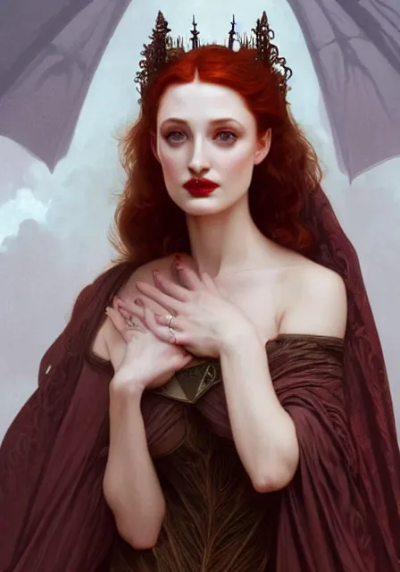 Image similar to sansa angeline jolie gessica chastain victorian vampire, intricate, elegant, highly detailed, digital painting, artstation, concept art, smooth, sharp focus, illustration, art by artgerm and greg rutkowski and alphonse mucha and william - adolphe bouguereau