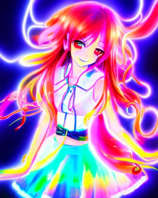 Image similar to anime style, vivid, expressive, full body, 4 k, painting, a cute magical girl idol with a long wavy colorful hair wearing a colorful dress, correct proportions, stunning, realistic light and shadow effects, neon lights, studio ghibly makoto shinkai yuji yamaguchi