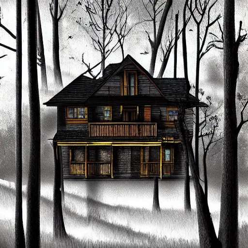 Image similar to digital art, house in forest as horror