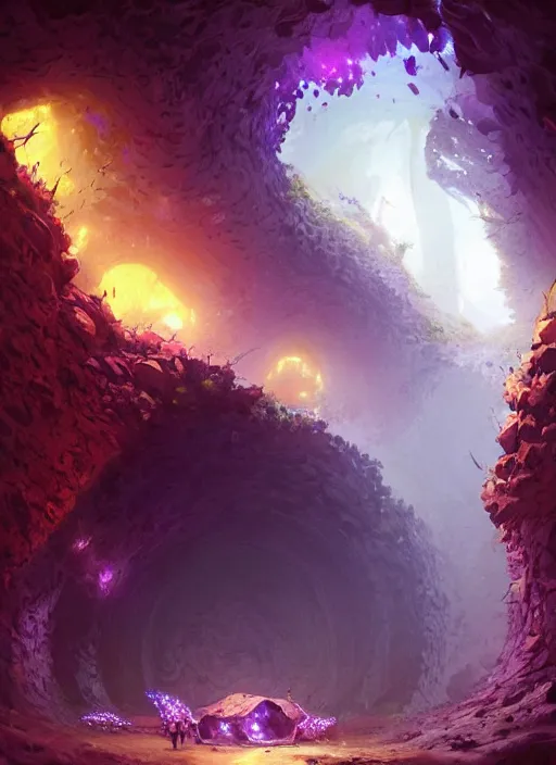 Image similar to zergling tunnel in cave of purple crystals, beautiful painting by greg rutkowski, trending on artstation