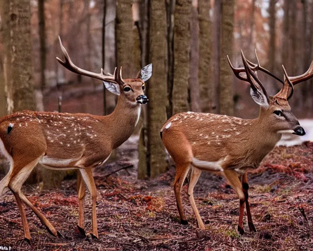 Image similar to a national geographic photo of deer that has red color skin in forest, f 2,0, telephoto, fine deatils