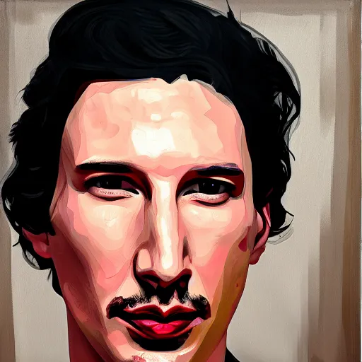 Prompt: painting of adam driver in the style of a disco elysium portrait, painted by aleksander rostov