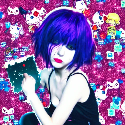 Image similar to photo of a emo manic pixie dream girl, 8k, portrait | sanrio glitchcore yokai girl, shadowverse character concept, found footage horror, glitter gif