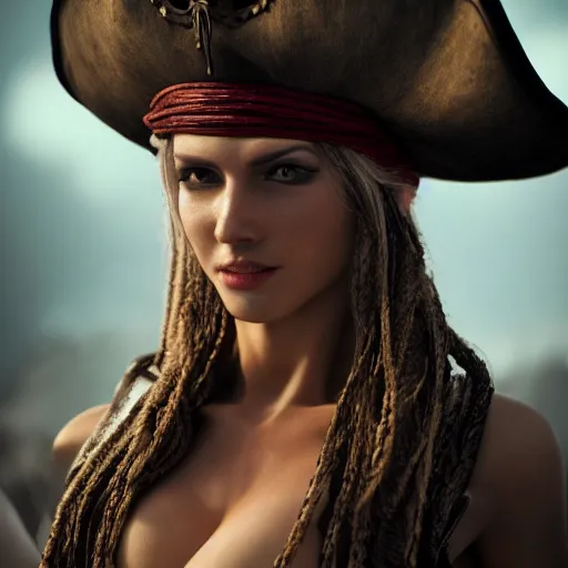 Image similar to full body pose, hyperrealistic photograph of a attractive pirate woman, dim volumetric lighting, 8 k, octane beautifully detailed render, extremely hyper detailed, intricate, epic composition, cinematic lighting, masterpiece, trending on artstation, very very detailed, stunning, hdr, smooth, sharp focus, high resolution, award, winning photo, dslr, 5 0 mm