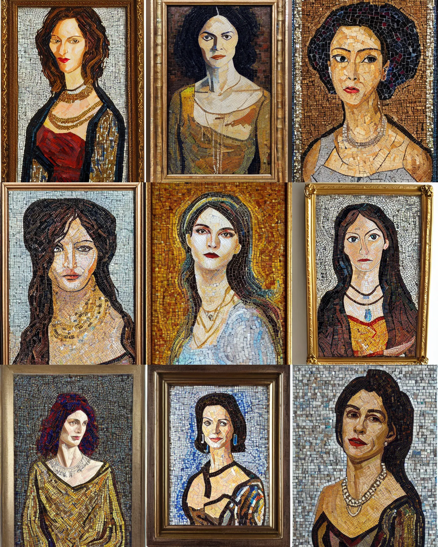 Prompt: woman portrait, female figure in maxi dress, silver and golden jewerly, impasto painting, mosaic, wood and ivory