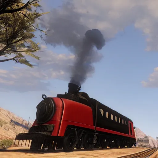 Image similar to futuristic sleek steam locomotive in red dead redemption 2