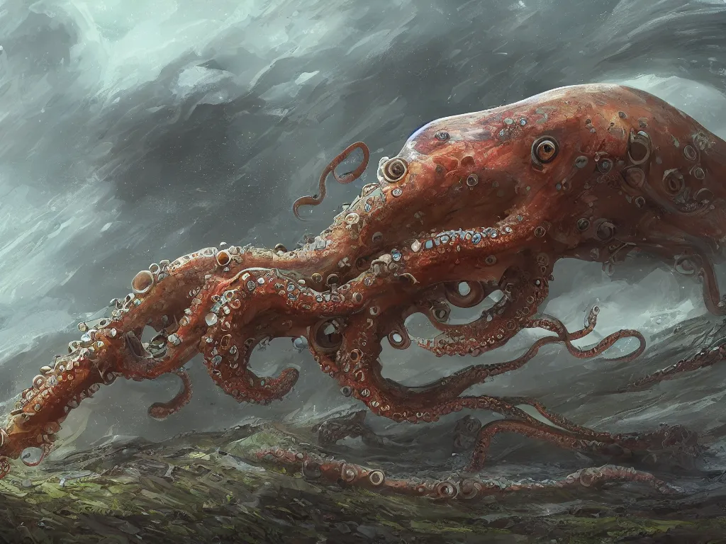 Image similar to a huge cephalopod rolling down the hill, digital painting, trending on artstation, deviantart, 8k, epic composition, intrinsic details, perfect coherence