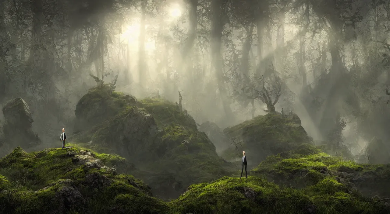 Image similar to photorealistic matte painting of mr burns of the simpsons standing far in misty overgrowth undergrowth jagged rock features volumetric fog light rays high contrast dawn