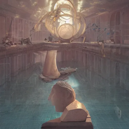 Image similar to peter tarka, minimalistic, hyperrealistic surrealism, award winning masterpiece with incredible details, epic stunning, infinity pool, a surreal vaporwave liminal space, highly detailed, trending on ArtStation, artgerm and greg rutkowski and alphonse mucha, daily deviation, IAMAG, broken giant marble head statue ruins, nightscape, milkyway