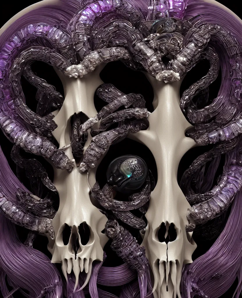 Image similar to goddess princess face close-up portrait ram skull. sculpture made of black and dichroic. jellyfish phoenix head, nautilus, orchid, skull, betta fish, bioluminiscent creatures, intricate artwork by Tooth Wu and wlop and beeple. octane render, trending on artstation, greg rutkowski very coherent symmetrical artwork. cinematic, hyper realism, high detail, octane render, 8k