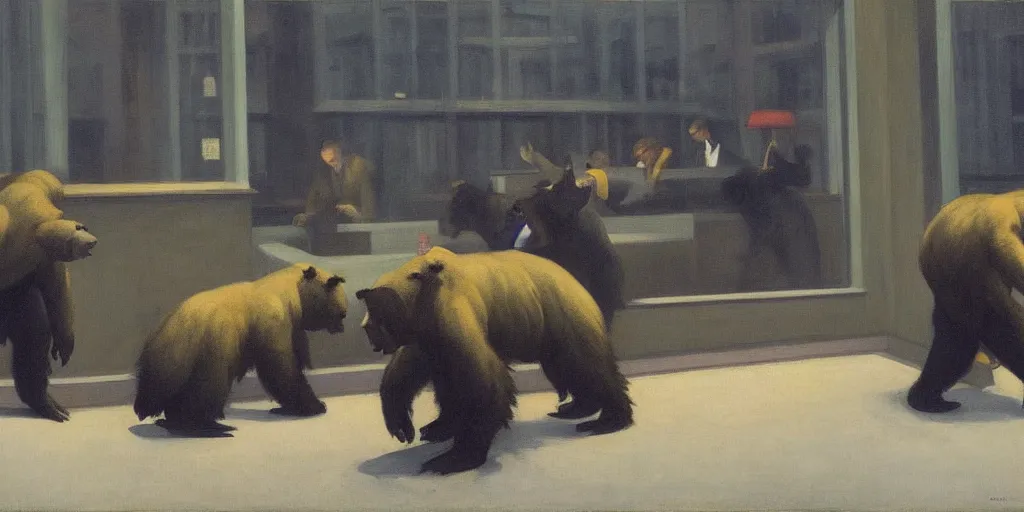 Image similar to edward hopper's painting, of a group of werebears robbing a bank, foggy