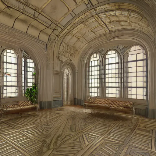 Image similar to art nouveau, interior, big open floor, 3 d v - ray photo realistic, ambient aclution, 8 k