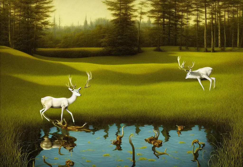 Prompt: hyper detailed 3d render like a Oil painting - white stag drinking from a pond in a peaceful lush meadow, by Jacek Yerka, Mariusz Lewandowski, Houdini algorithmic generative render, Abstract brush strokes, Masterpiece, Edward Hopper and James Gilleard, Zdzislaw Beksinski, Mark Ryden, Wolfgang Lettl, hints of Yayoi Kasuma, octane render, 8k