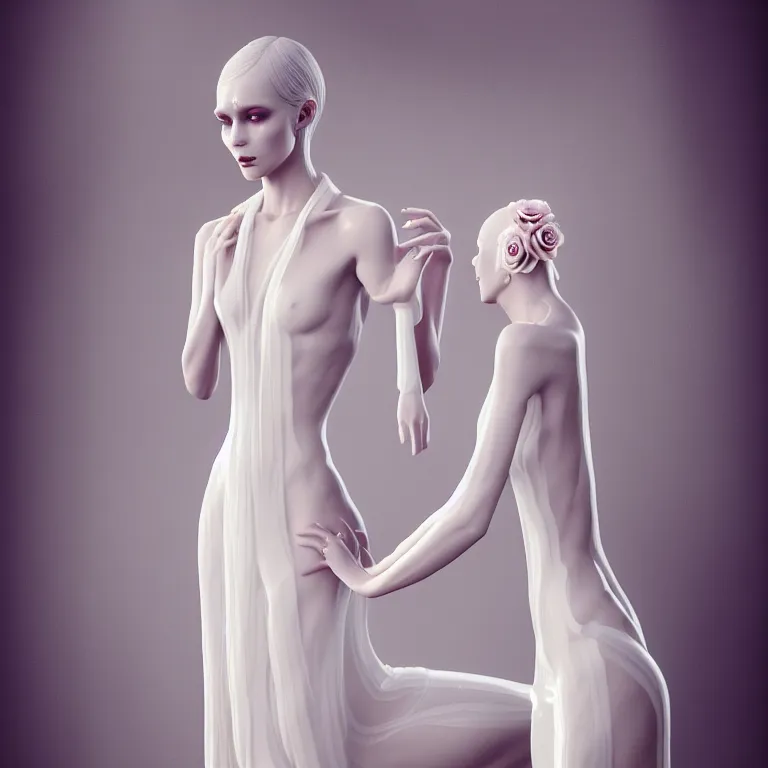 Image similar to alone with herself wonderful symmetrical liquid albino goddess with a beautiful porcelain body dressed with a majestic semi transparent silk cream roses long dress, hightly ornate, intricate, detailed, dramatic light, award winning, octane render, meredit frampton style