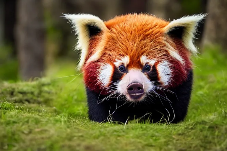 Prompt: a pig red panda!!! hybrid! hyper realistic!! realistic lighting!! wildlife photographer of the year!!! bold natural colors, national geographic, hd, wide angle, 8 k