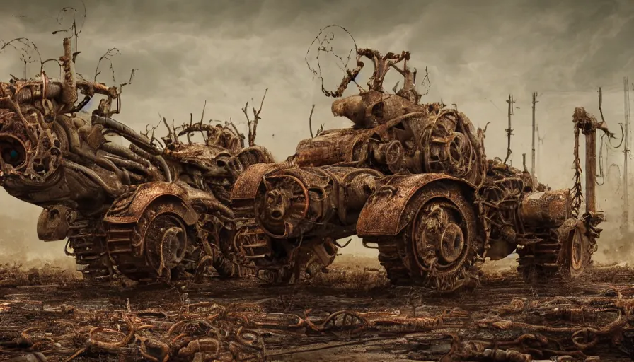 Image similar to Techno-biological rusty М50 Ontos consisting of tumors, meat, veins, bones, guts, kidneys, wires. Biopunk, body-horror, high detail, photorealism, full length view, very rust, concept art, octane render, 16k, 8k