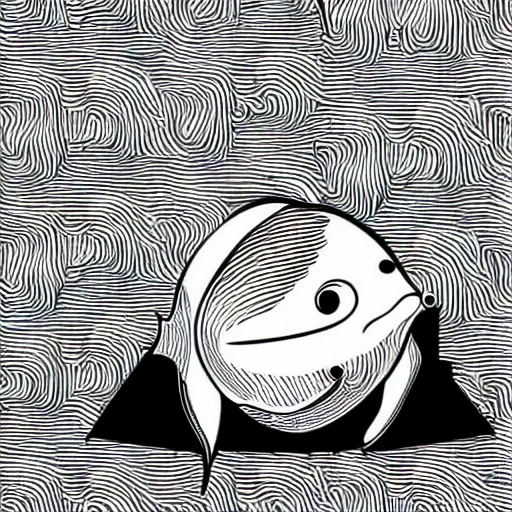 Image similar to worried humanoid fish sitting in front of a computer, black and white vector art