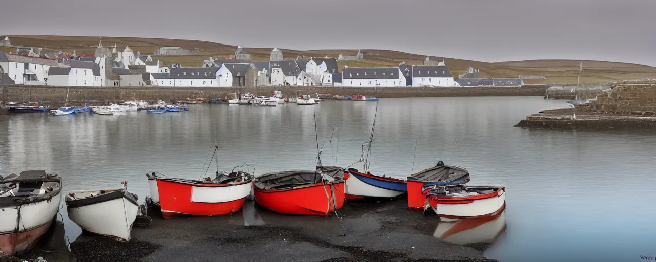 Prompt: a color landscape photograph of the harbour at Stromness orkney, by Vanda Ralevska, wide angle, ethereal, fog, quiet, tranquil, light, high-key