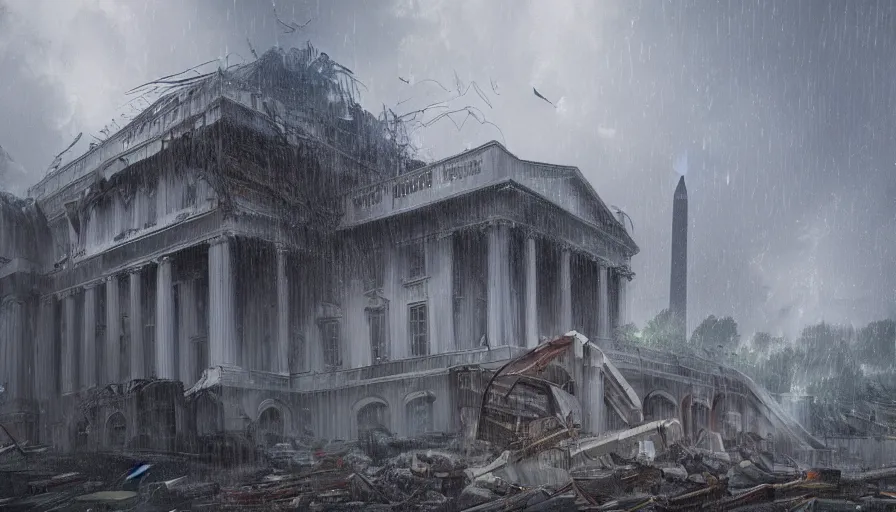 Image similar to washington during tsunami, rain, thunderstorm, destruction, destroyed white house, destroyed capitol, collapsed washington monument, hyperdetailed, artstation, cgsociety, 8 k