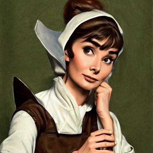Image similar to a beautiful woman, beauty, looks like Audrey Hepburn, bard, brown hair, messy hairstyle, bangs, cream colored peasant shirt, brown pants, leather boots, dark green cloak, round hood, elf ears, youthful, white background, dungeons and dragons, proportionate, by j.c. leyendecker