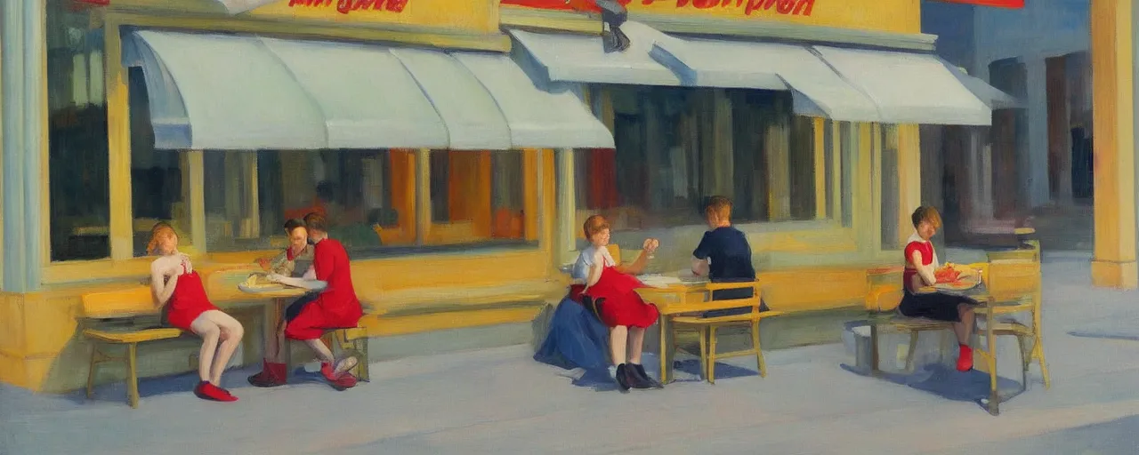 Image similar to an edward hopper - style painting of a hungarian young generation z person sitting on a table bench eating a meal outside at mcdonald's in gyor on saturday mid - summer of 2 0 2 2
