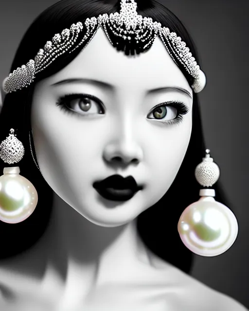 Image similar to black and white dreamy young beautiful female artificial intelligence, realistic pearl ornament in the face, long hair are intricate with highly detailed realistic pearls, cinematic, rim light, bokeh, photo - realistic, elegant, high detail, 8 k, masterpiece, photo taken in 1 9 3 0