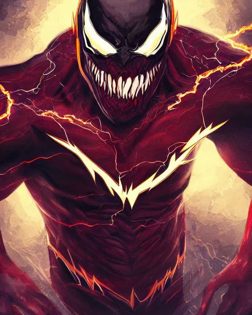 Image similar to venom as the flash, dynamic lighting, fantasy concept art, trending on art station, stunning visuals, creative, cinematic, ultra detailed, comic strip style