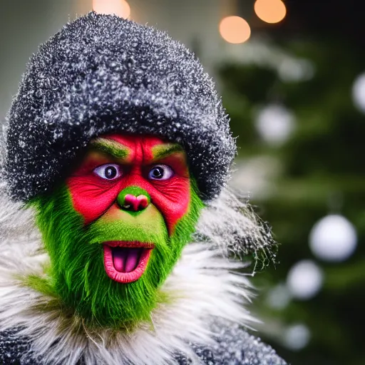 Image similar to portrait photo still of real life grinch, 8 k, 8 5 mm f 1. 8