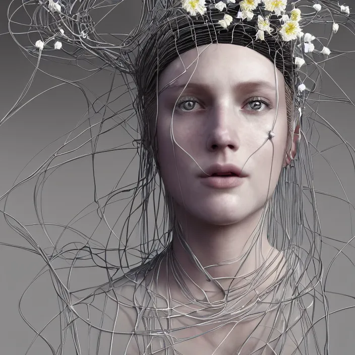 Prompt: hyperrealist portrait of a symmetrical queen 2 0 4 4 space sport engineer, it is decorated with long white wires and white flowers that fall like vines and wears a huge computer crown by roberto ferri, fantasy art, photo realistic, dynamic lighting, unreal engine rendered, artstation, poster, dramatic light, very detailed faces, - 8 k, award winning