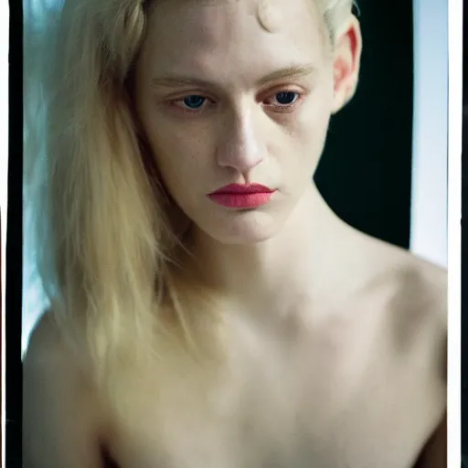 Image similar to realistic photoshoot for a new balenciaga lookbook, color film photography, portrait of a beautiful blonde woman, in style of nan goldin, 35mm