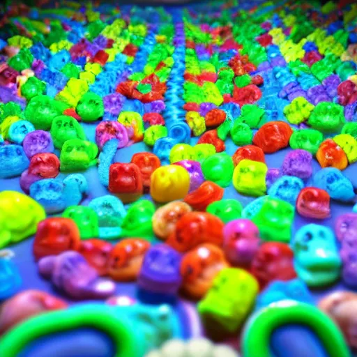 Prompt: an eldritch candy land full of crocheted gummy bears, ultra realistic, artstation, unreal engine, highly detailed, realistic lighting, dynamic shading