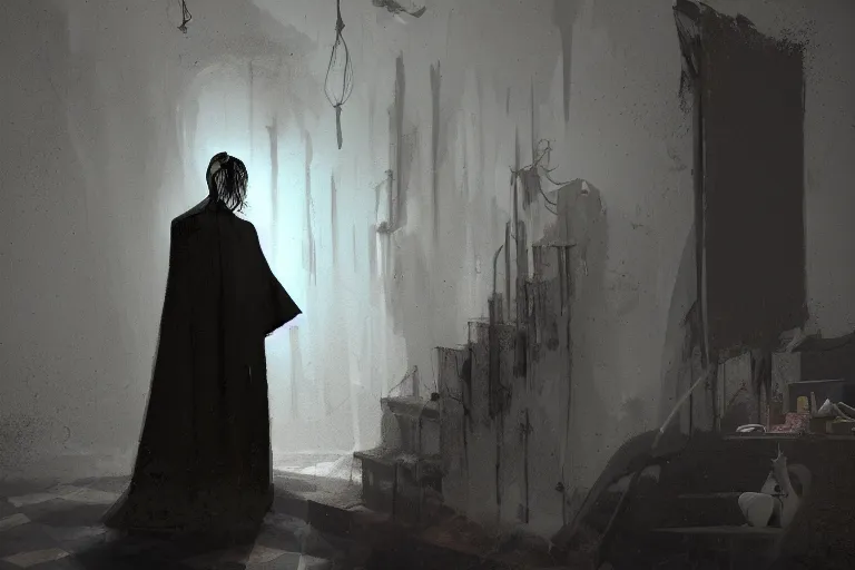 Image similar to the magician with a black robe inside a abandoned house, shadows, lurker, artstation