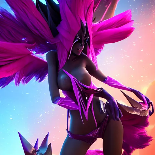 Image similar to still close up of pretty Xayah (League of Legends) in KDA More music video. 3d render, octane render, game art, realistic, highly detailed, trending on artstation, 4k, trending on artstation, pixar, cgsociety, unreal engine 5, redshift render, trending on artstation, blender, behance, cg