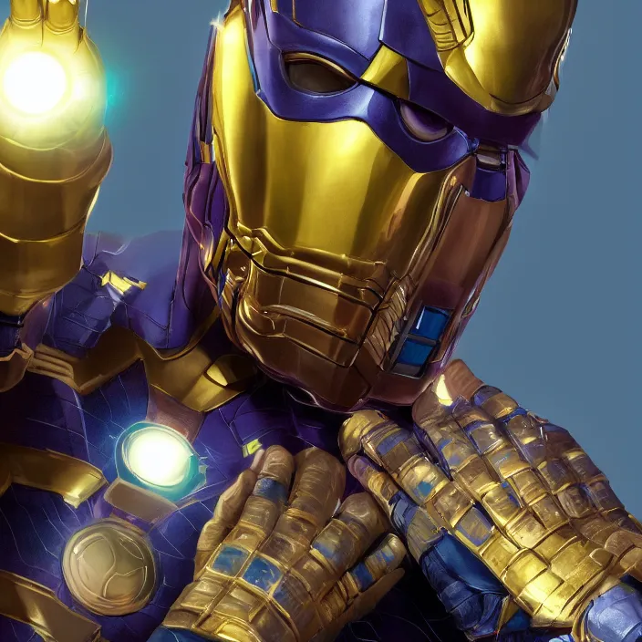 Image similar to portrait of Otto Waalkes, wearing The Infinity Gauntlet. Caricature artwork. trending on artstation, very coherent symmetrical artwork. avengers. thanos. cinematic, hyper realism, high detail, octane render, 8k, iridescent accents