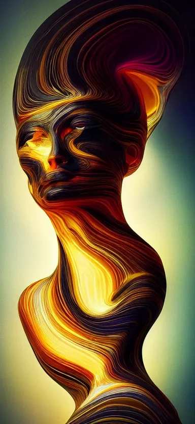 Image similar to epicillustration, abstract sculpture of beautiful female face and black swirling liquifying acrylic portrait, fluffy clouds, glowing edges, golden hour, beautiful light, 3 d sculpture of carving marble, dark colors, dark mood, one point light, golden spirals, epic matte painting, concept art, digital painting