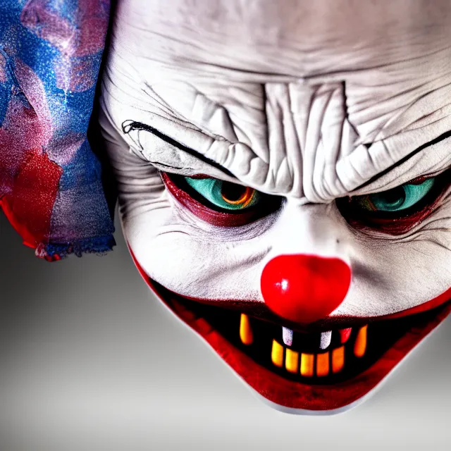 Prompt: scary clown hiding under bed highly detailed, 8 k, hdr, smooth, sharp focus, high resolution, award - winning photo