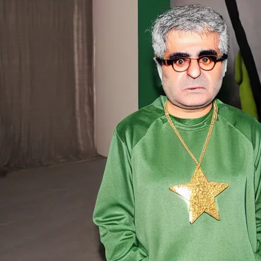 Prompt: jafar panahi wearing a green tracksuit and gold necklace with large star shaped gold medallion