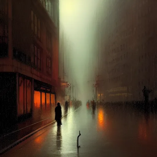 Image similar to a centerpiece statue stands in gotham city, night, wet pavement, street level view, light mist, fantasy, intricate, elegant, digital painting, trending on artstation, concept art, soft focus, illustration by greg rutkowski, edward hopper, 4 k.