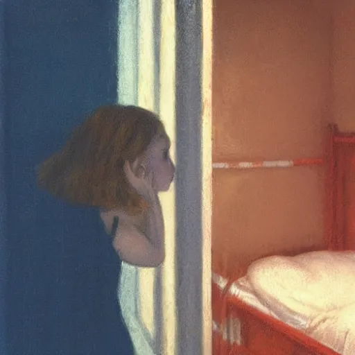 Image similar to close - up of an ivory young gir in a blue and red haunted liminal abandoned room, film still by edward hopper, by gottfried helnwein, by klimt, art noveau, highly detailed, strong lights, liminal, eerie, bright pastel colors,