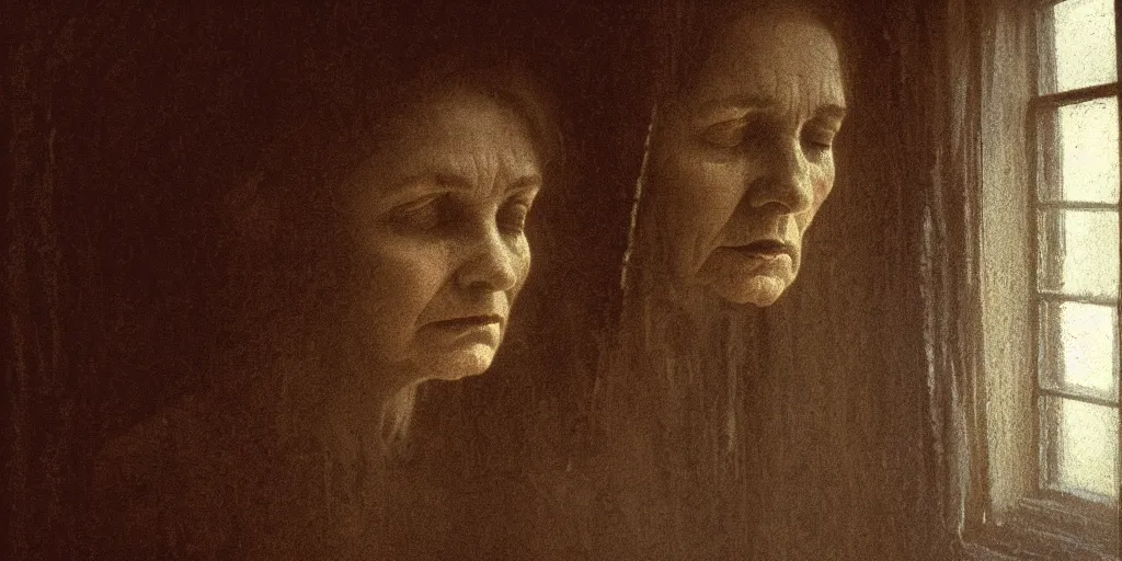 Image similar to portrait bust of a mother, tired expression, faded color film, russian cinema, tarkovsky, kodachrome, inside old cabin, next to window, heavy forest outside, long brown hair, old clothing, heavy fog, brown color palette, hudson river school, 4 k, dramatic lighting, greg rutkowski
