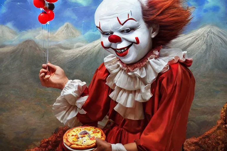 Image similar to pennywise as pulcinella!!! holding a pizza!!, volcano in the background, glowing rivers of lava, dark cloudy sky, an ultrafine detailed painting by joe fenton, full body, wide angle, post - apocalyptic vibe, pop surrealism, sharp focus, 3 d octane render, 4 k, perfect symmetrical face, masterpiece, hyperrealistic, trending on deviantart