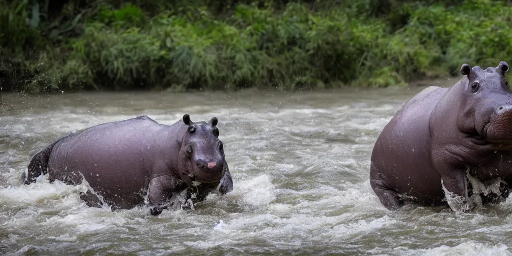 Image similar to nature photographer's photo of a hippo with in a river in the jungle, attacking the photographer. extremely high detail, ominous natural lighting