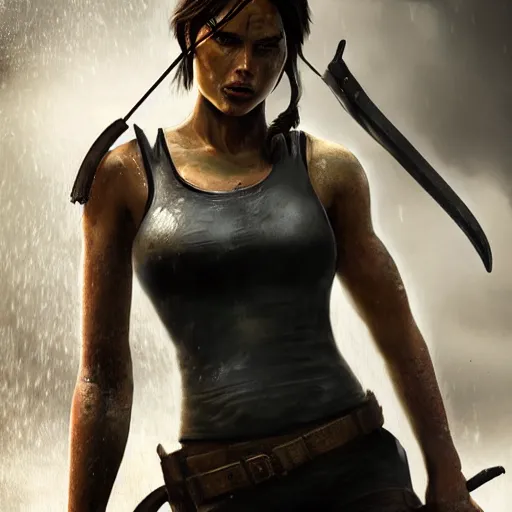 Image similar to Lara croft as blacksmith, wet face , dirty face ,heavy rain ,dramatic, intricate, highly detailed, concept art, smooth, sharp focus, illustration, Unreal Engine 5, 8K