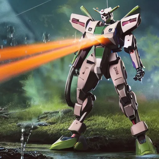 Image similar to frog gundam combat mech stepping out of a pond with a lazer rifle dripping water. over - under, brightly lit scene. this 8 k hd resolution, trending on artstation, featured on behance, well rendered, extra crisp, features intricate detail, epic composition and the style of unreal engine, national geographic, bandai box art.